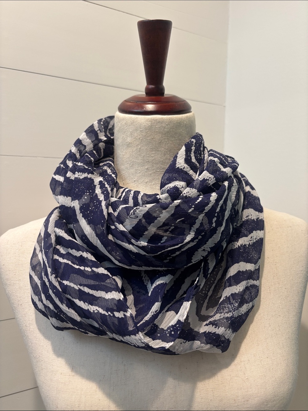 Coach Navy and White Abstract Stripe Infinity Scarf
